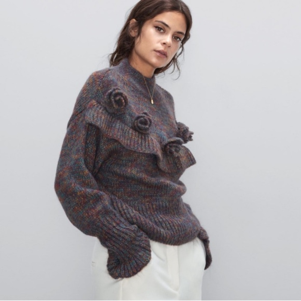 Zara Ruffled Mohair Blend 3D Flowers Knit Sweater NWT Vintage Style